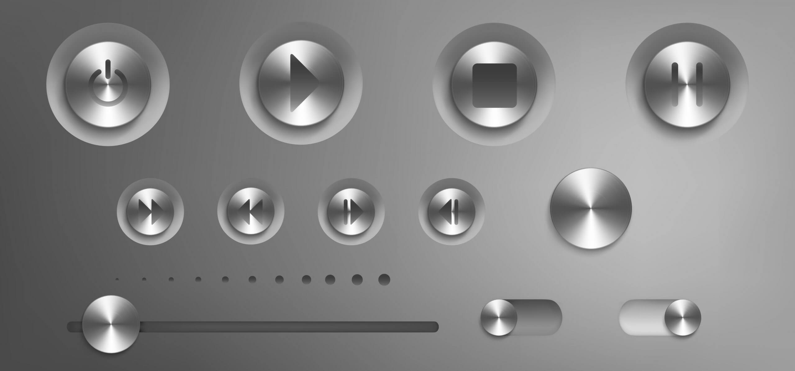 Music control panel with steel buttons and knobs