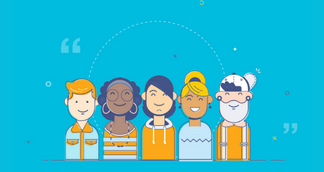 illustration of 5 diverse people smiling, male/female, young/old, different ethnicity