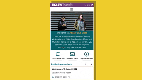 Phone screen shows how to access the Jigsaw email service. From the Jigsaw Chat Portal menu, click 'Email'. Enter a subject line, and your email message. When you're finished, click 'send'. A Jigsaw Clinician will reply to your email as soon as possible.