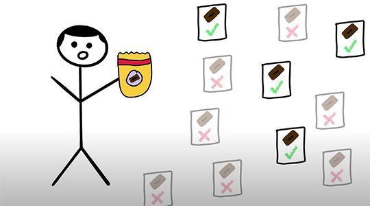 an animation still of a stickman holding a bag of chocolate