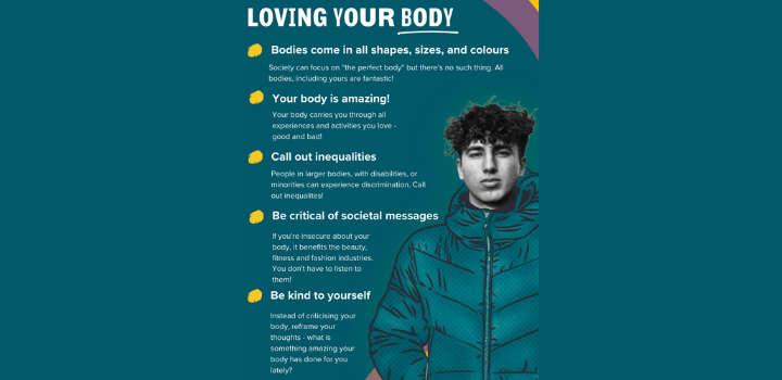 Poster of a young male with text around him describing how to love your body