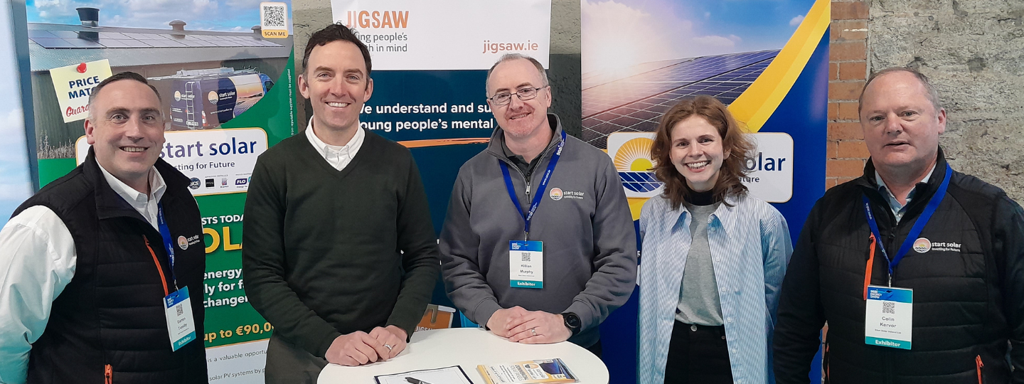 3 representatives from Start Solar pictured with Jigsaw Fundraising manager and Jigsaw Corporate fundraising officer, to announce Jigsaw as Start Solar's charity partner.